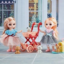 Набор для девочек: Кукла шарнирная: с собачками и коляской, продавец мороженого, с мотороллером 