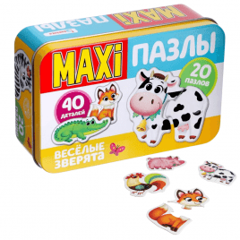 Макси-пазлы «Веселые Зверята» | 40 деталей в металлической коробке