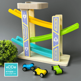 Развивающий деревянный 3-уровневый авто-трек с парковкой «Гонки по городу» 