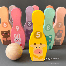 Развивающий набор для детского боулинга «Боулинг деревянный» | 9 кеглей и шар 