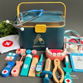 Развивающий деревянный игровой набор "Персональный Доктор" 25 предметов / Премиальный чемоданчик синий