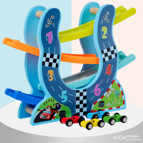 Деревянный гоночный АвтоТрек "Формула 4 уровня" с 4 машинками перевертышами фото 1