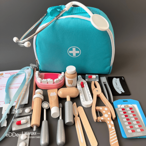 Развивающий деревянный детский набор «Стоматолог Дантист» | 20 предметов, голубой чемоданчик фото 1