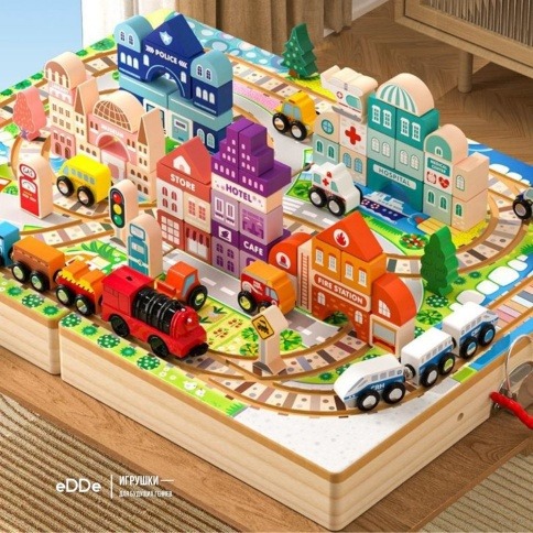 Деревянная железная дорога и конструктор для малышей «Город Монтессори» в чемодане | Электропоезд, машинки и дома фото 7