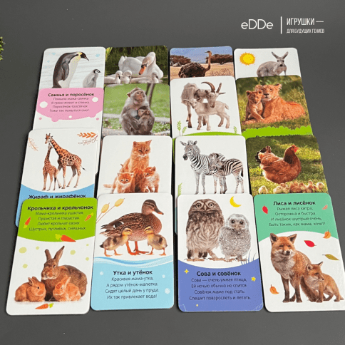 Серия умных двухсторонних картонных  карточек "Животные" 16 карточек фото 4