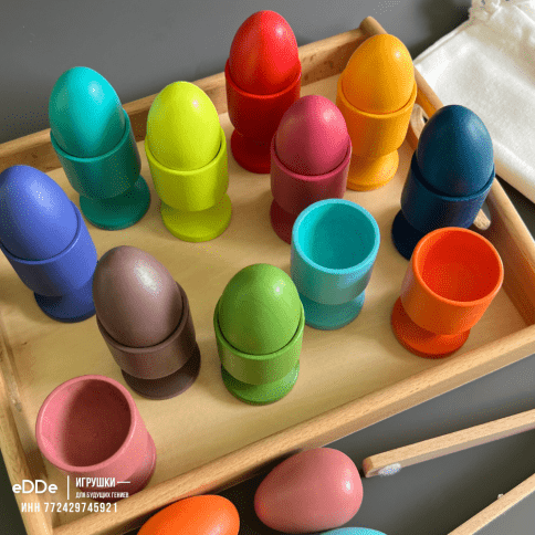 Развивающий деревянный набор для дошкольного обучения «Яйца на подносе с пинцетом» | Сортируем по цветам фото 2