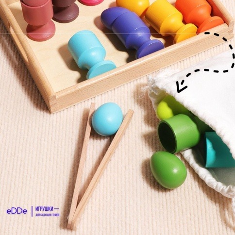 Развивающий деревянный набор для дошкольного обучения «Яйца на подносе с пинцетом» | Сортируем по цветам фото 8