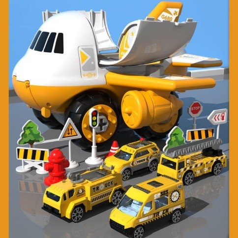 Развивающий игровой набор конструктор «Строительный самолет» | В комплекте 4 металлические машинки, дорожные знаки и игровое поле Город. Желтый фото 3