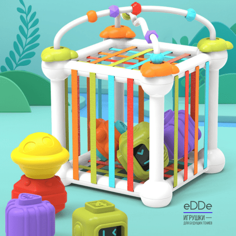 Многофункциональная развивающая игрушка для малышей куб 4 в 1 «Сортер Пирамидка Погремушка Лабиринт»  фото 10