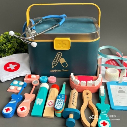 Развивающий деревянный игровой набор «Персональный Доктор» 25 предметов | Премиальный чемоданчик синий фото 1