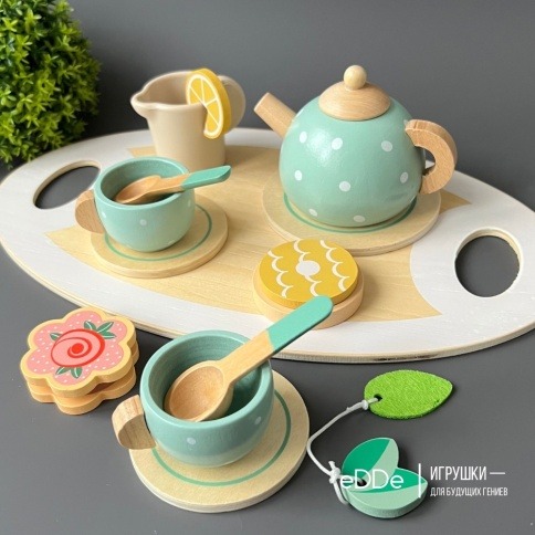 Сюжетно-ролевой деревянный набор игрушечной посуды «Чаепитие с друзьями» фото 1