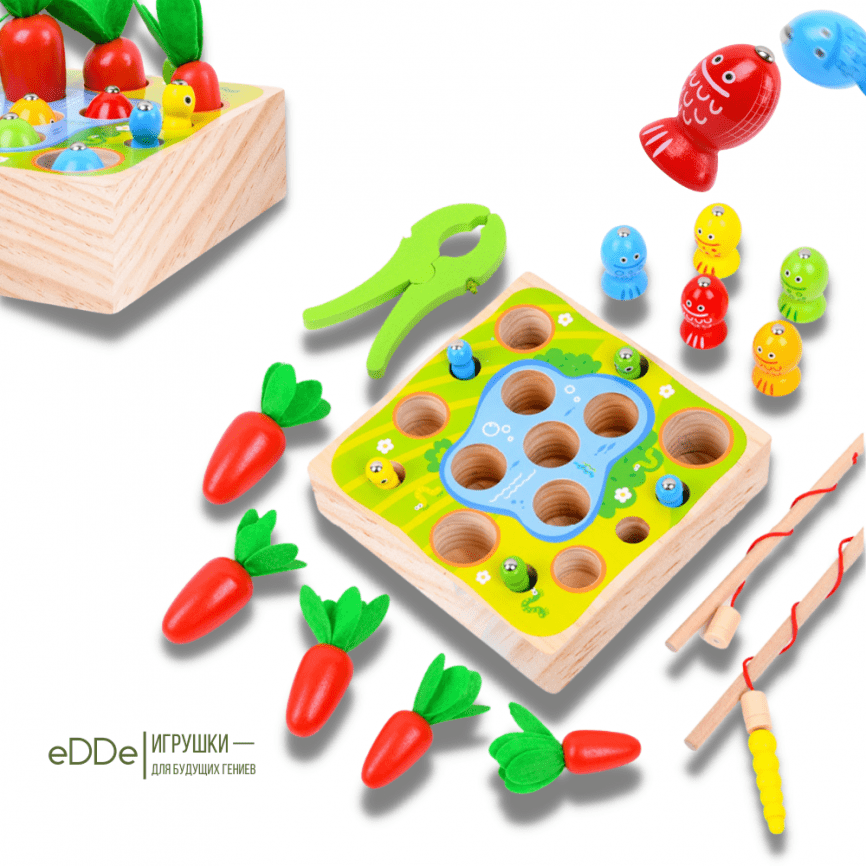 Развивающая деревянная магнитная игрушка рыбалка-сортер для малышей «Морковки Рыбки Червячки»  фото 4