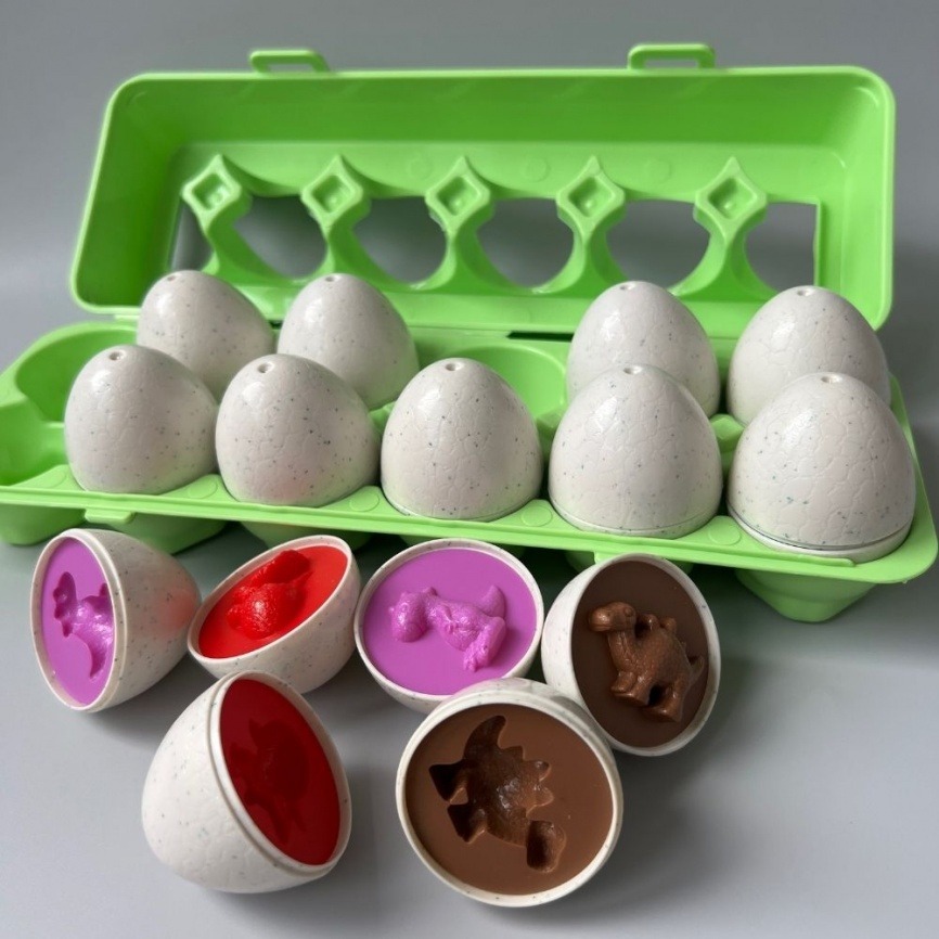 Обучающая игрушка сортер «Лоток с яйцами Динозаврики» набор 12 яиц | По методике Монтессори фото 1