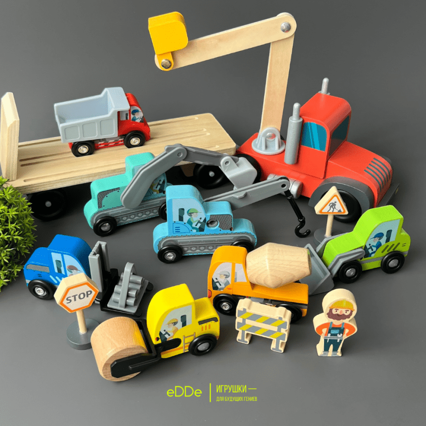Деревянный сюжетно-ролевой набор 14 предметов «Автовоз со строительной техникой» фото 5