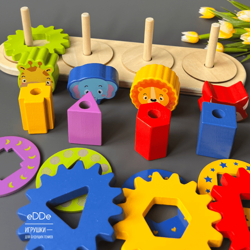 Развивающая деревянная игрушка Развивающая деревянная игрушка пирамидка-конструктор  «Логические шестеренки» | По методике Монтессори  фото 3