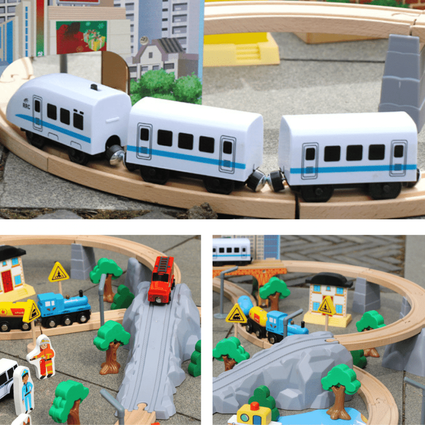 Большая железная дорога из дерева «Мега Город 95 деталей» | В комплекте 2 состава поездов электрический, механический, транспорт и люди  фото 6