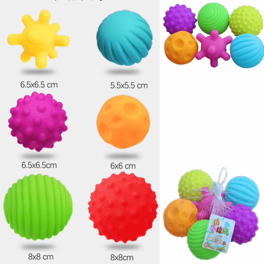 Сенсорные тактильные мячики для малышей | Развивающий набор 6 шт. в сетке фото 4