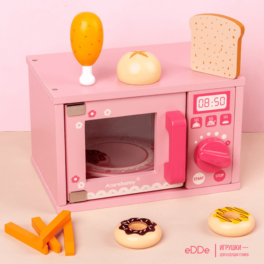 Сюжетно-ролевой деревянный набор с аксессуарами «Микроволновая печь и продукты» | Розовый фото 7
