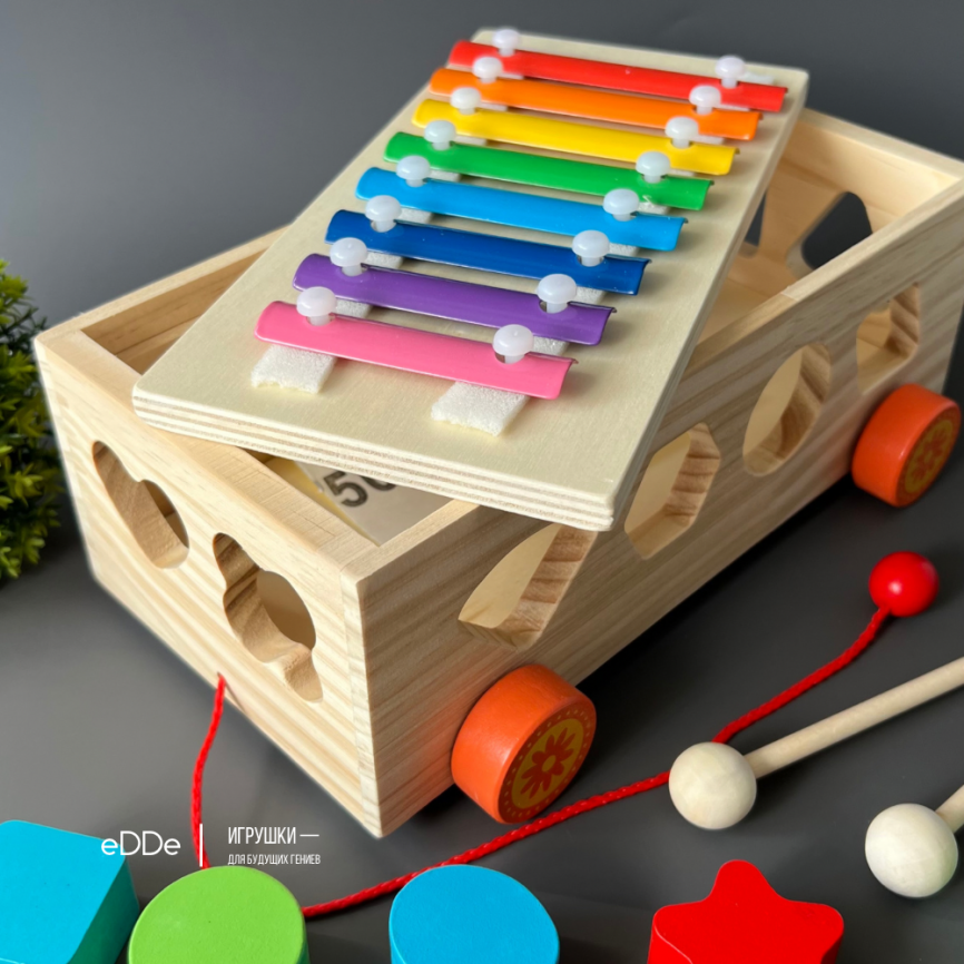 Развивающая многофункциональная деревянная игрушка 3 в 1 «Каталка Металлофон  Сортер» фото 2