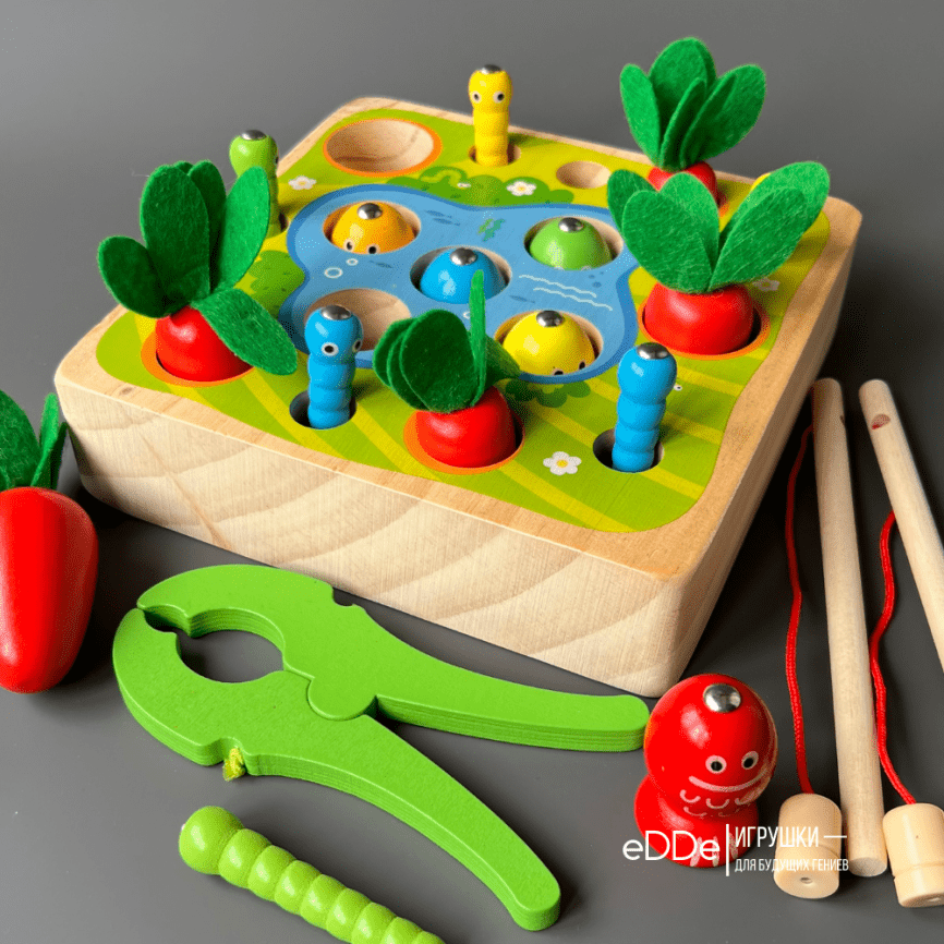 Развивающая деревянная магнитная игрушка рыбалка-сортер для малышей «Морковки Рыбки Червячки»  фото 1