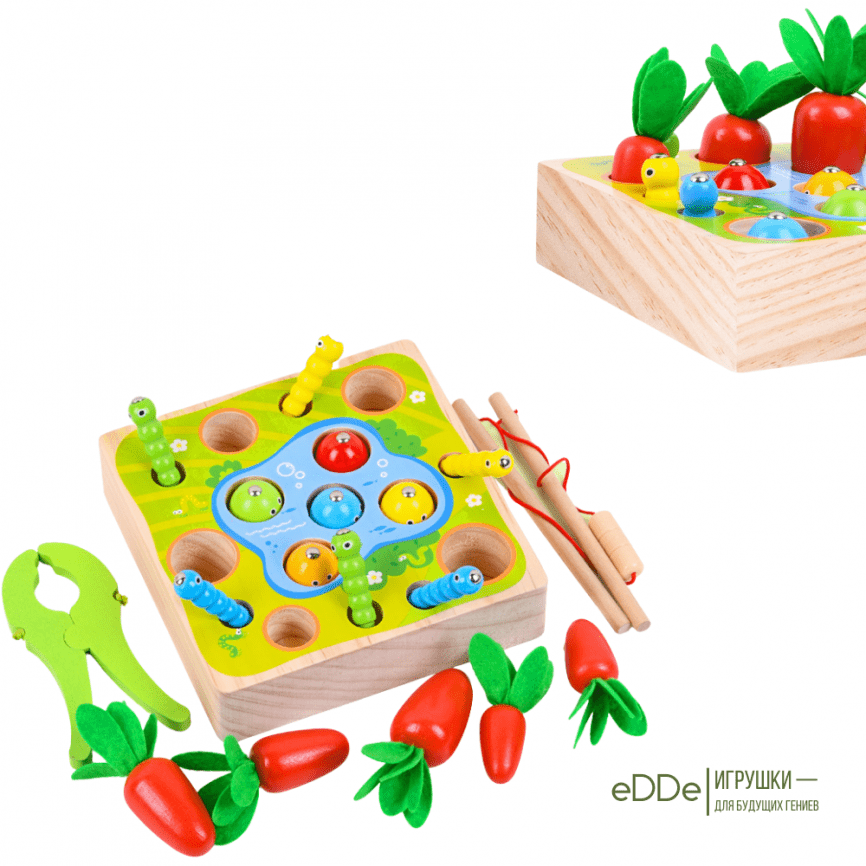 Развивающая деревянная магнитная игрушка рыбалка-сортер для малышей «Морковки Рыбки Червячки»  фото 6