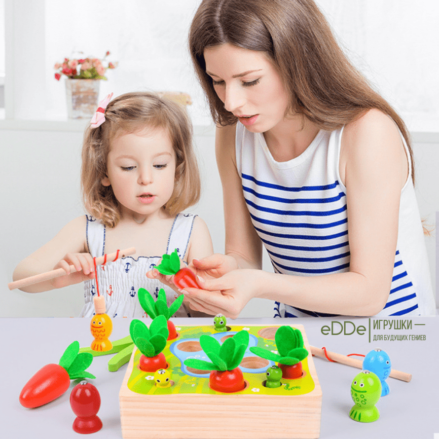 Развивающая деревянная магнитная игрушка рыбалка-сортер для малышей «Морковки Рыбки Червячки»  фото 3