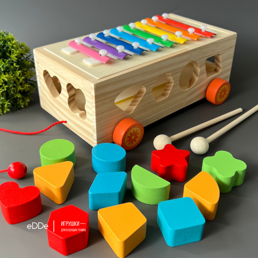 Развивающая многофункциональная деревянная игрушка 3 в 1 «Каталка Металлофон  Сортер» фото 1