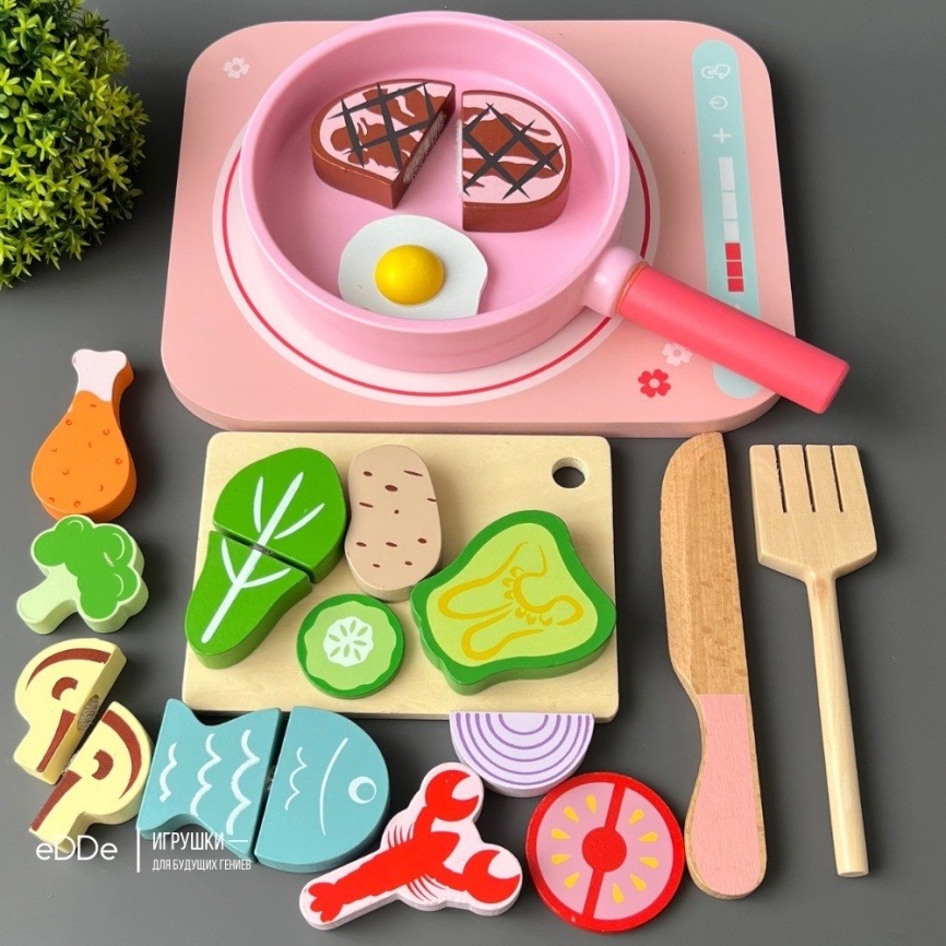 Развивающий сюжетно-ролевой деревянный набор с аксессуарами и продуктами «Мини-Плита со Сковородой»  фото 1