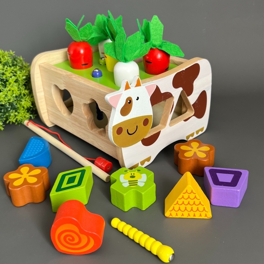 Развивающий деревянный игровой набор 4 в 1 "Корова и Морковки" фото 1