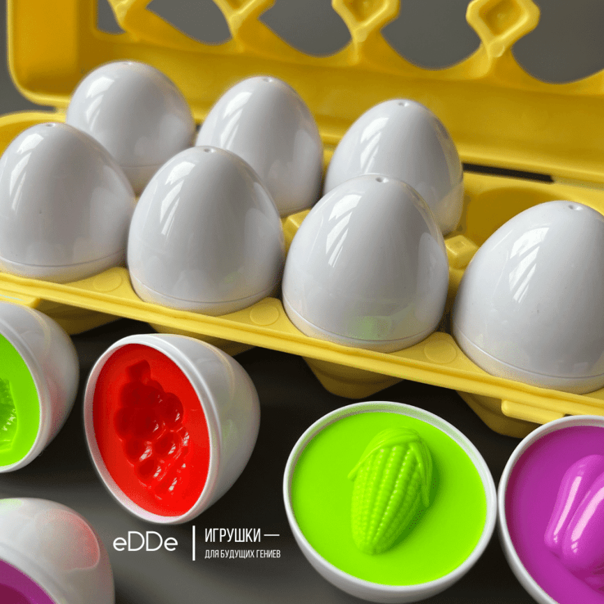 Детская обучающая игрушка по методике Монтессори «Лоток-сортер с яйцами Фрукты и Овощи» | набор 12 яиц фото 2
