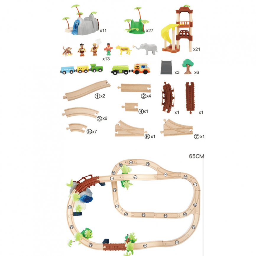 Деревянная железная дорога «Джунгли» | 107 деталей с электрической машинкой и прицепом фото 3