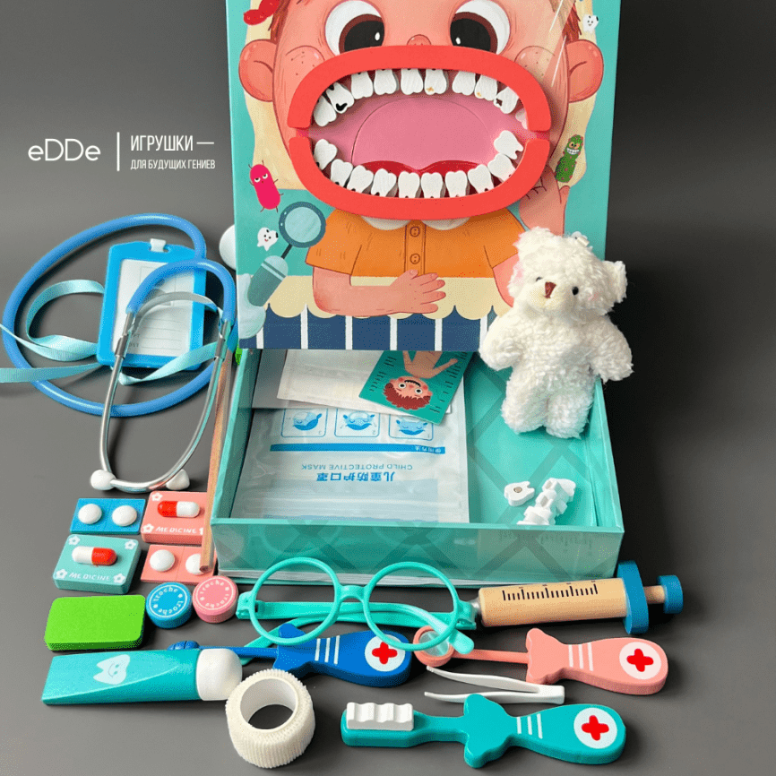 Развивающий сюжетно-ролевой набор зубного врача «Стенд Юного стоматолога» | Деревянные игрушки Монтессори  фото 1